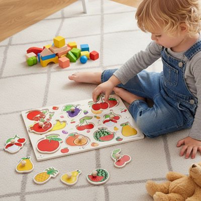 Puzzle bois bebe assis fruit
